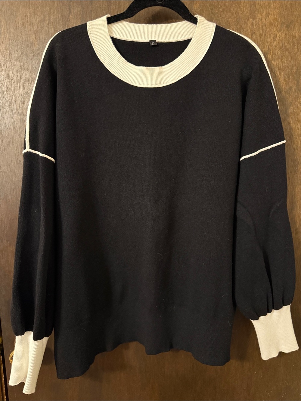 Black Crewneck Sweater with Cream Contrast Trim - Women's